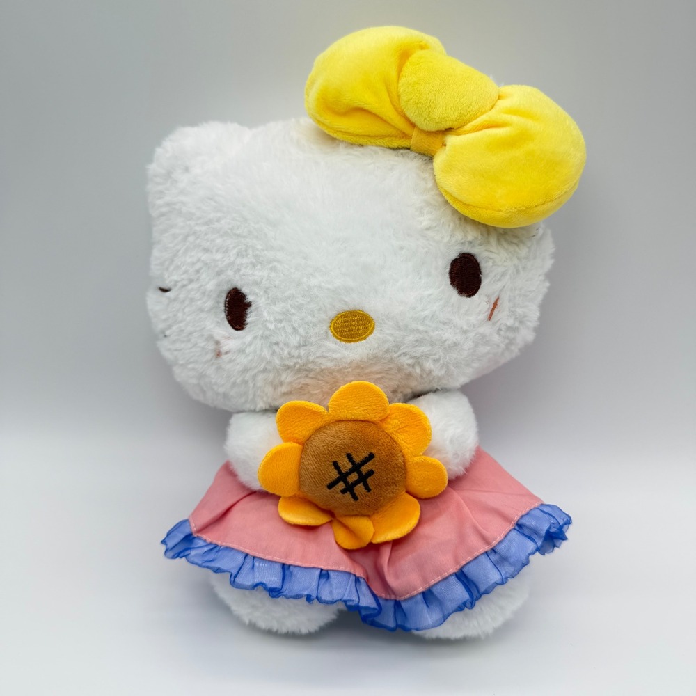 Sanrio Hello Kitty Plush Sunflower Pink Dress Yellow Bow 9 Inch Stuffed Animal
